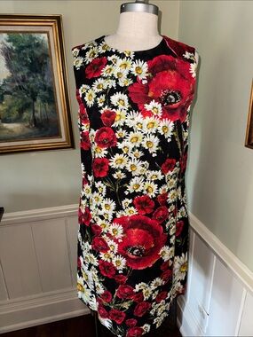 Dolce & Gabbana Poppy Daisy Black Floral Dress Red Poppies White Daisies M L
